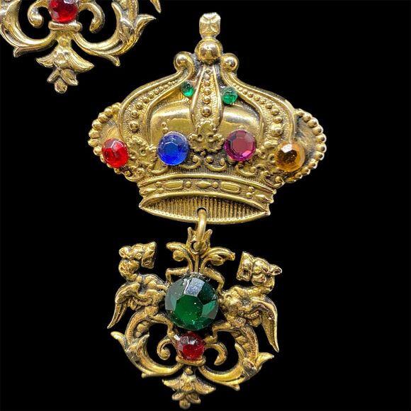 Bejeweled Gold Tone Crown Dangle Pierced Earrings Large Colorful Rhinestone - Picture 2 of 4